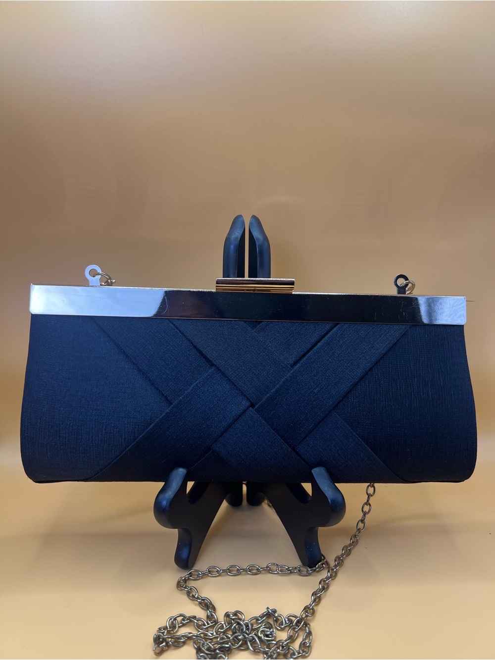 Elegant Black Satin Clutch with Silver Trim
